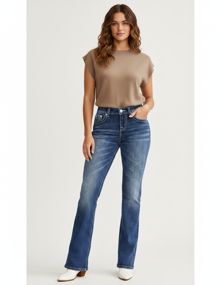Pantalon Patte D'Éléphant Denim Bleu Décontracté Taille Haute - Jean