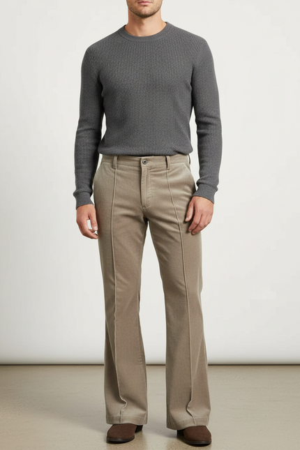 Pantalon Patte D'Éléphant Velours Côtelé Beige Évasé Homme - Cordé