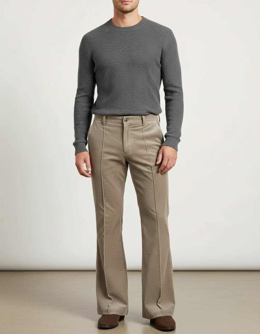 Pantalon Patte D'Éléphant Velours Côtelé Beige Évasé Homme - Cordé
