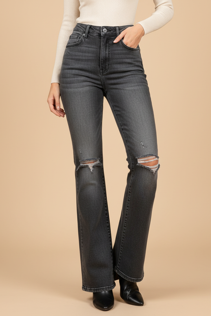 Pantalon Patte D'Éléphant Gris Délavé Déchiré Taille Haute - Jean