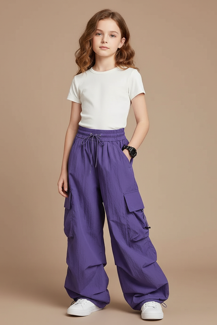Pantalon Patte D'Éléphant Violet Cargo Ample Décontracté Fille - Polyester