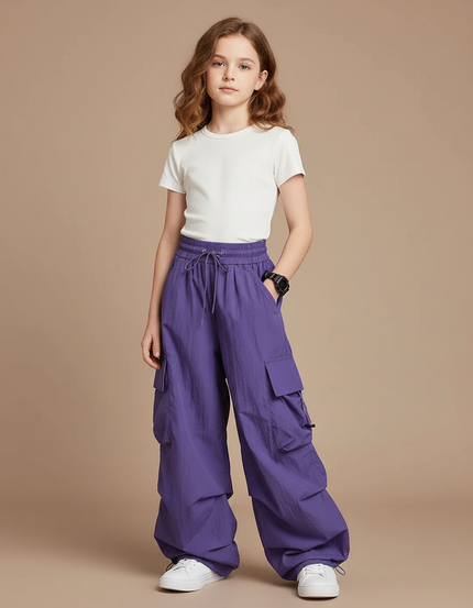Pantalon Patte D'Éléphant Violet Cargo Ample Décontracté Fille - Polyester