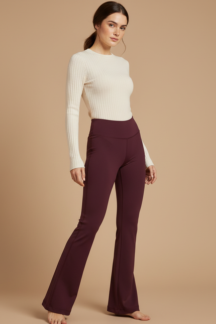 Pantalon Patte D'Éléphant Taille Haute Bordeaux Évasé Confortable Femme - Polyester