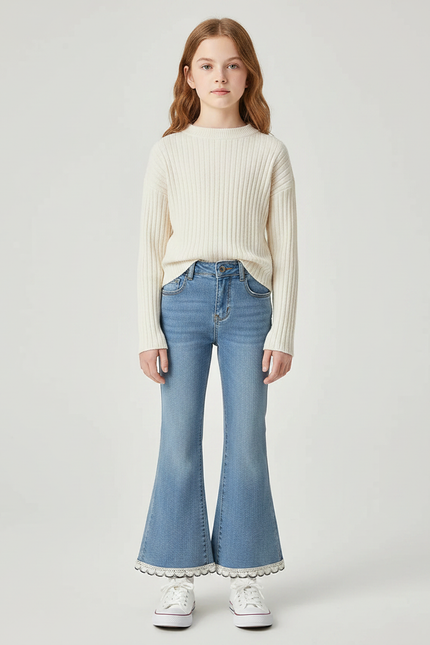 Pantalon Patte D'Éléphant Denim Bleu Clair Dentelle Perles - Jean