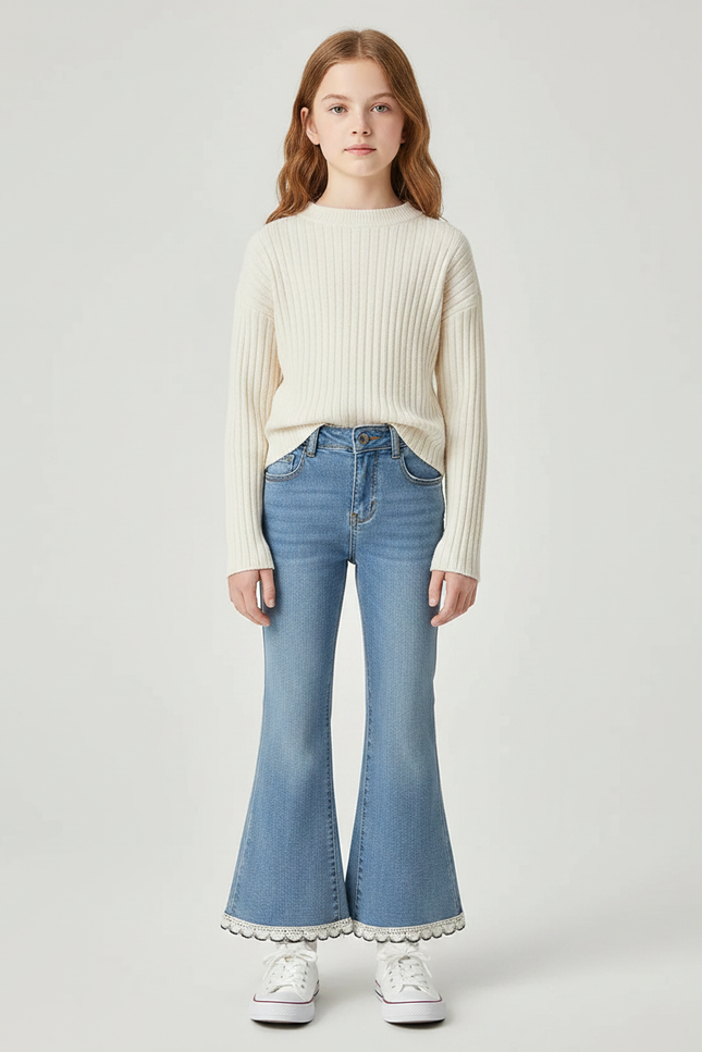 Pantalon Patte D'Éléphant Denim Bleu Clair Dentelle Perles - Jean