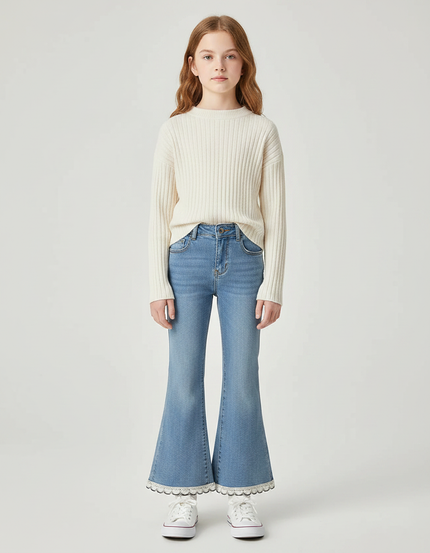 Pantalon Patte D'Éléphant Denim Bleu Clair Dentelle Perles - Jean