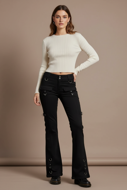 Pantalon Patte D'Éléphant Noir Évasé Anneaux Métal - Gabardine