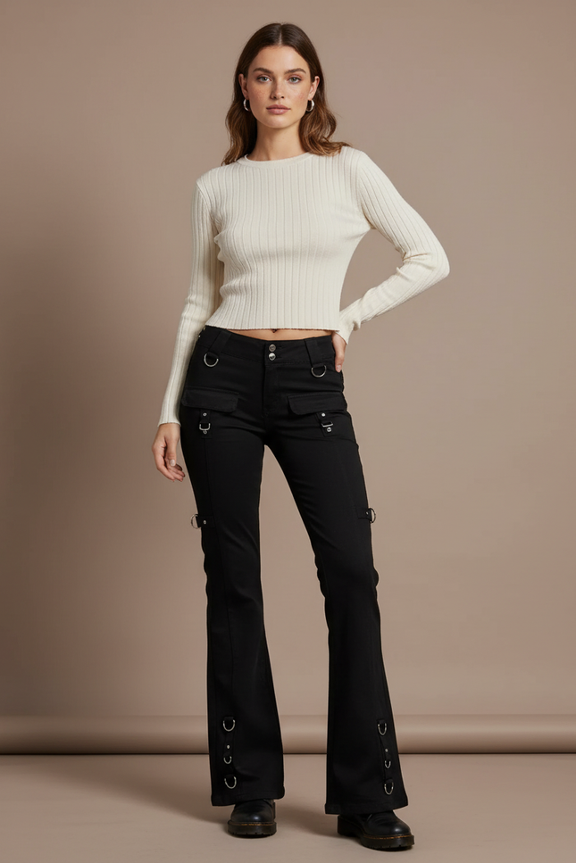 Pantalon Patte D'Éléphant Noir Évasé Anneaux Métal - Gabardine