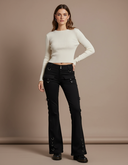Pantalon Patte D'Éléphant Noir Évasé Anneaux Métal - Gabardine