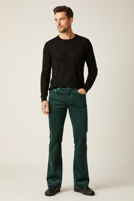 Pantalon Patte D'Éléphant Vert Côtelé Homme Décontracté Évasé - Cordé