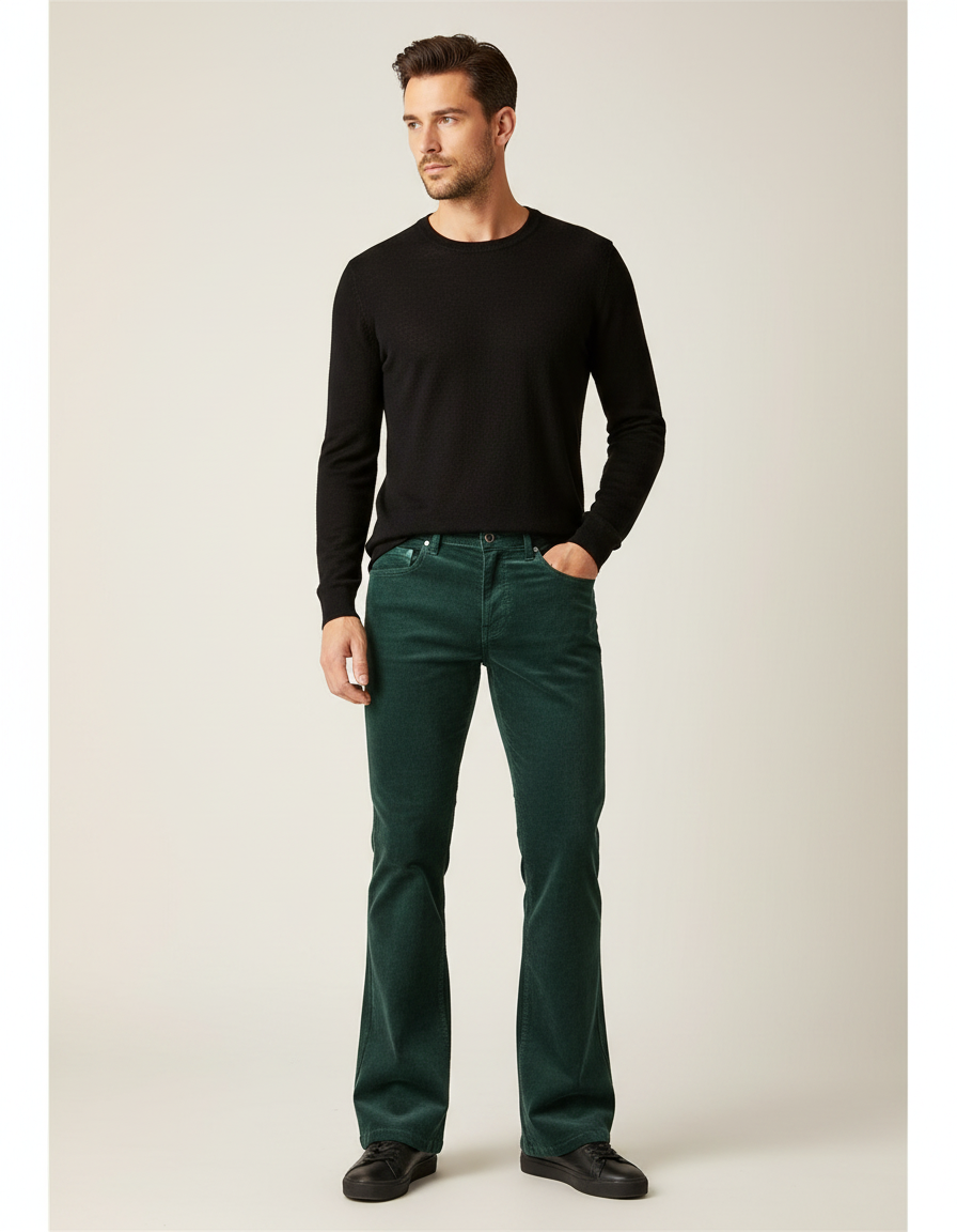 Pantalon Patte D'Éléphant Vert Côtelé Homme Décontracté Évasé - Cordé