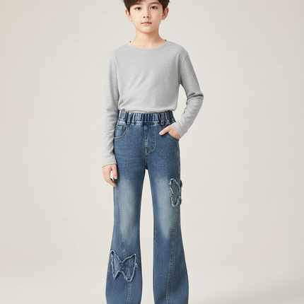 Pantalon Patte D'Éléphant Évasé Bleu Papillons Déchirés Enfant - Jean