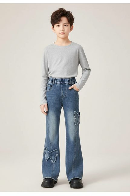 Pantalon Patte D'Éléphant Évasé Bleu Papillons Déchirés Enfant - Jean