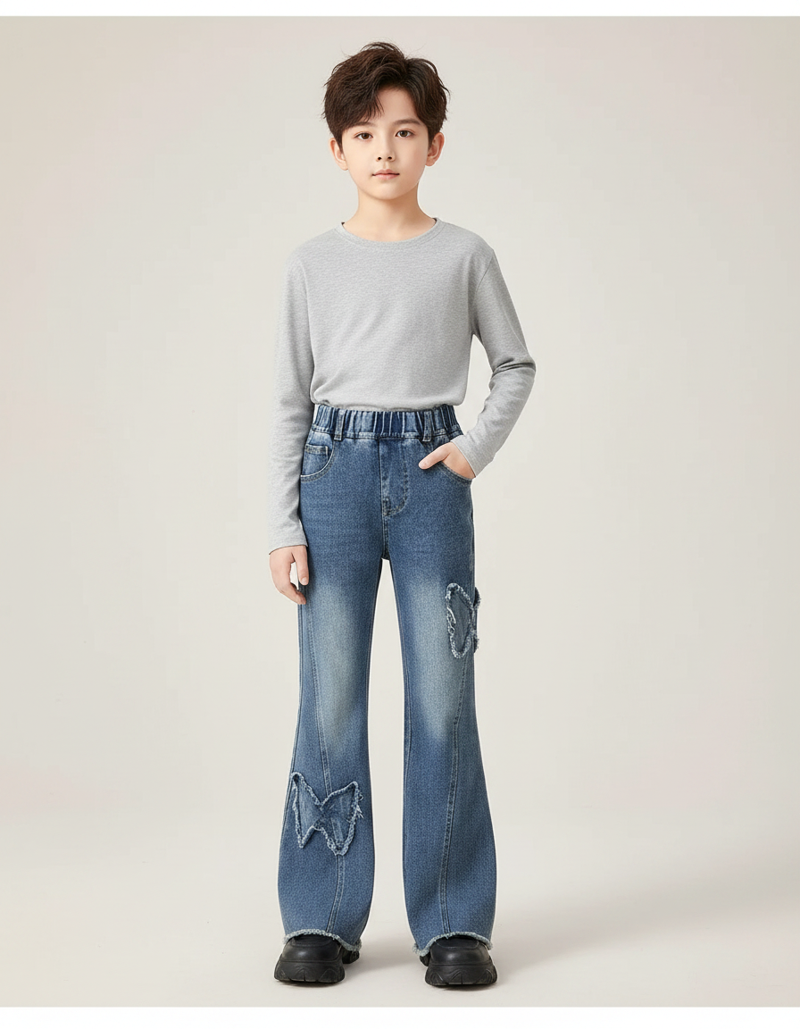Pantalon Patte D'Éléphant Évasé Bleu Papillons Déchirés Enfant - Jean