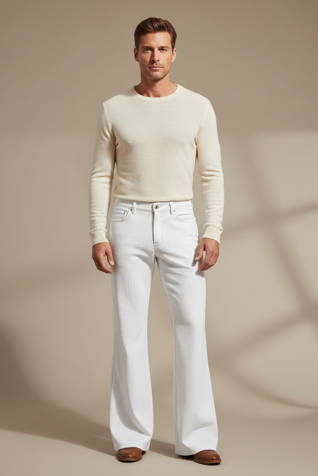 Pantalon Patte D'Éléphant Homme Blanc Rayé Côtelé Évasé Moderne - Cordé
