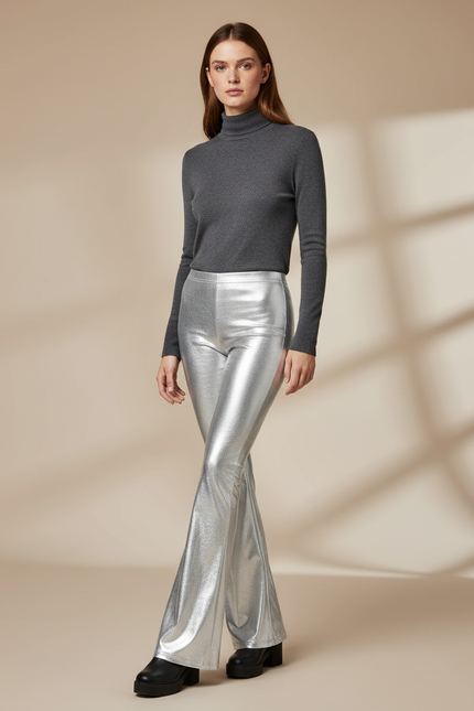 Pantalon Patte D'Éléphant Argenté Brillant Métallisé Évasé Femme - Polyester