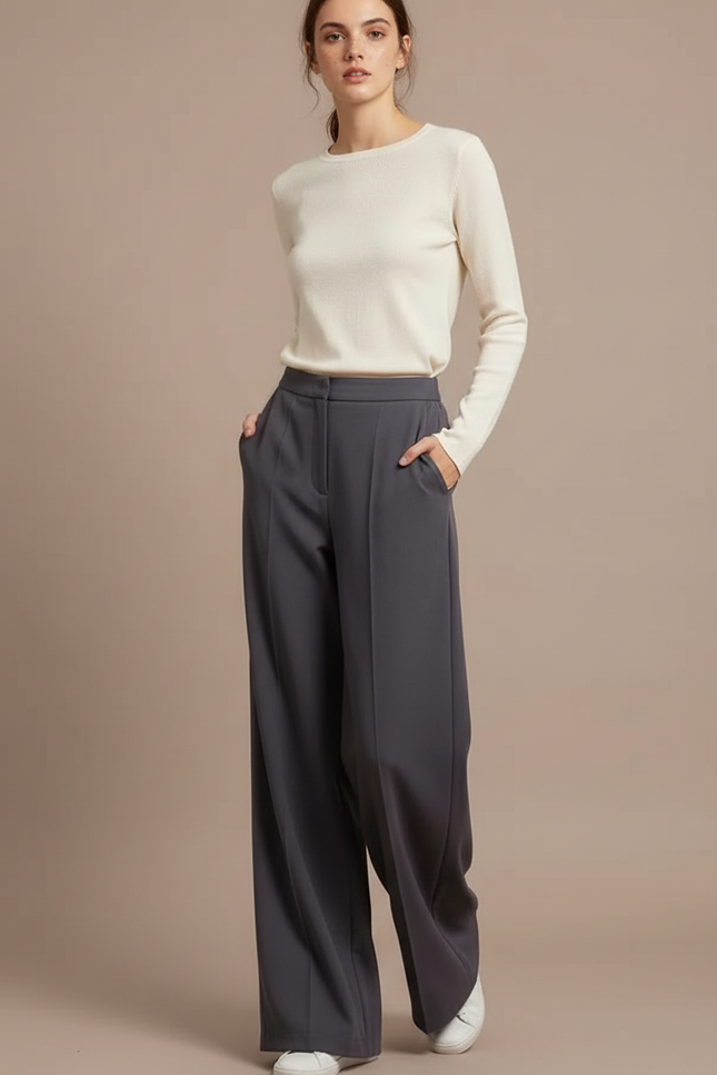 Pantalon Patte D'Éléphant Gris Ample Fluide Taille Haute - Polyester