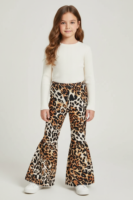 Pantalon Patte D'Éléphant Léopard Imprimé Évasé Confortable Fille - Maille