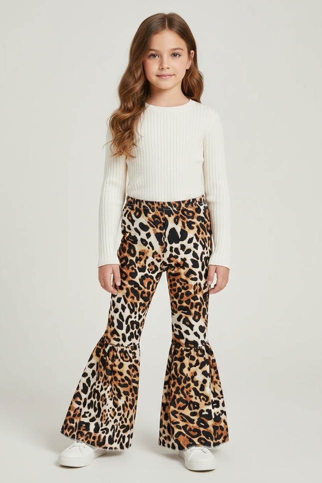 Pantalon Patte D'Éléphant Léopard Imprimé Évasé Confortable Fille - Maille