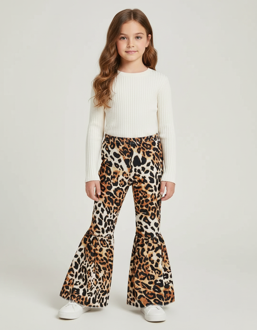 Pantalon Patte D'Éléphant Léopard Imprimé Évasé Confortable Fille - Maille