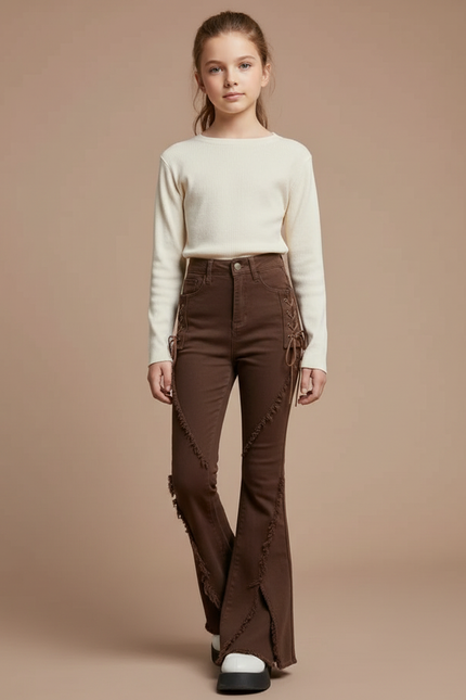 Pantalon Patte D'Éléphant Marron Frangé Lacets Évasé Fille - Jean