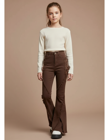 Pantalon Patte D'Éléphant Marron Frangé Lacets Évasé Fille - Jean