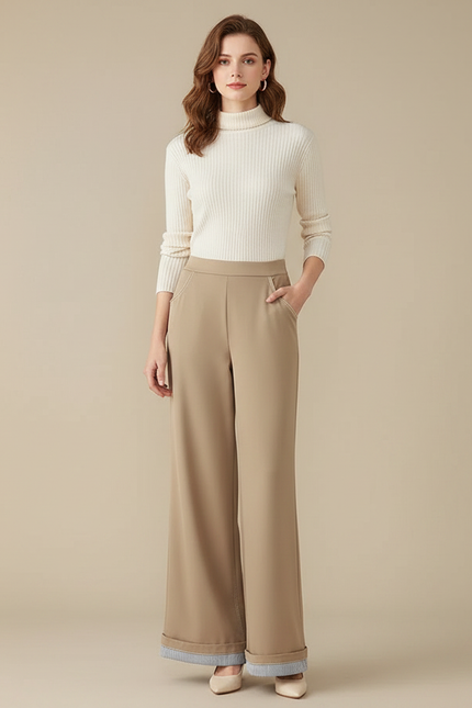 Pantalon Patte D'Éléphant Beige Taille Haute Évasé Chic Fluide - Viscose