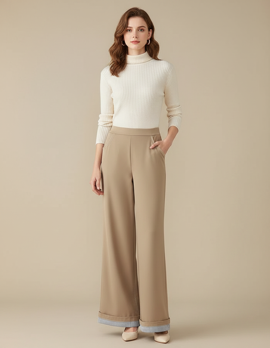 Pantalon Patte D'Éléphant Beige Taille Haute Évasé Chic Fluide - Viscose