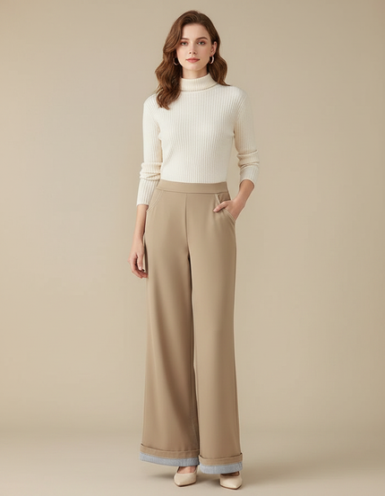 Pantalon Patte D'Éléphant Beige Taille Haute Évasé Chic Fluide - Viscose