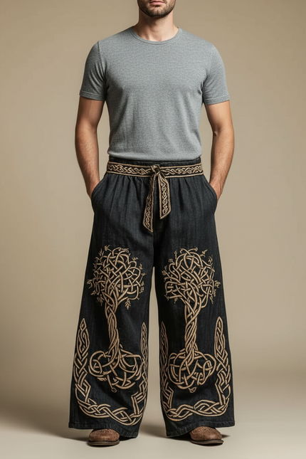 Pantalon Patte D'Éléphant Noir Brodé Celtique Ample Homme - Jean