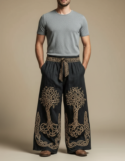 Pantalon Patte D'Éléphant Noir Brodé Celtique Ample Homme - Jean