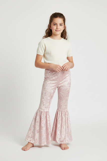 Pantalon Patte D'Éléphant Velours Rose Évasé Froissé Enfant