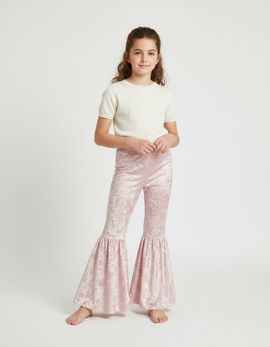 Pantalon Patte D'Éléphant Velours Rose Évasé Froissé Enfant