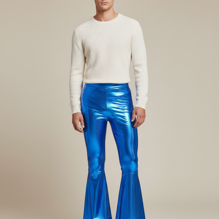 Pantalon Patte D'Éléphant Bleu Métallique Brillant Évasé Homme - Polyester