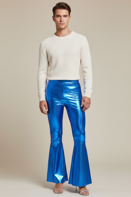Pantalon Patte D'Éléphant Bleu Métallique Brillant Évasé Homme - Polyester