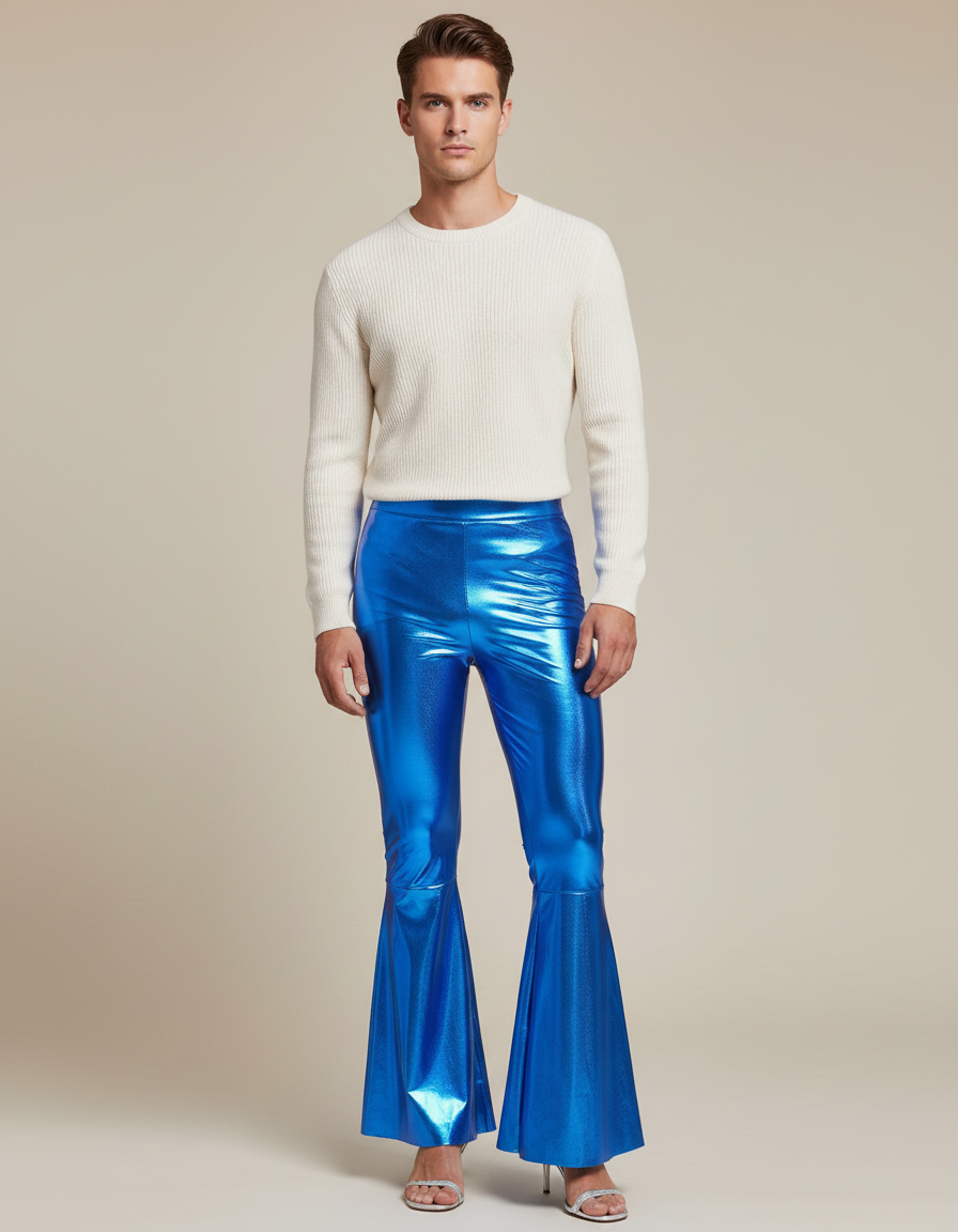 Pantalon Patte D'Éléphant Bleu Métallique Brillant Évasé Homme - Polyester