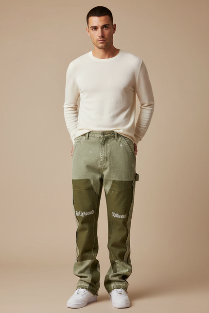 Pantalon Patte D'Éléphant Vert Bicolore Patchwork Évasé Peintures Homme - Kaki Toile