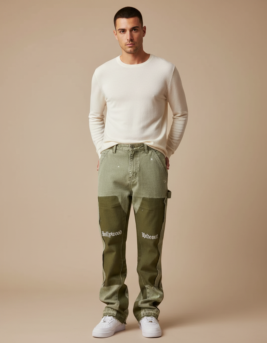 Pantalon Patte D'Éléphant Vert Bicolore Patchwork Évasé Peintures Homme - Kaki Toile