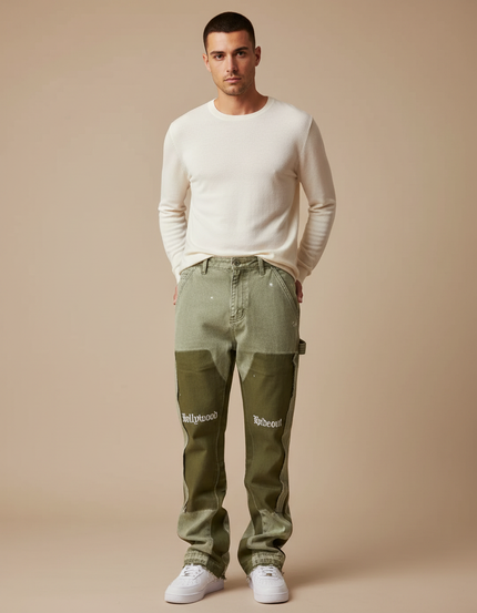 Pantalon Patte D'Éléphant Vert Bicolore Patchwork Évasé Peintures Homme - Kaki Toile