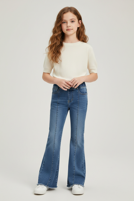 Pantalon Patte D'Éléphant Denim Évasé Confortable Fille Slim - Bleu Jean