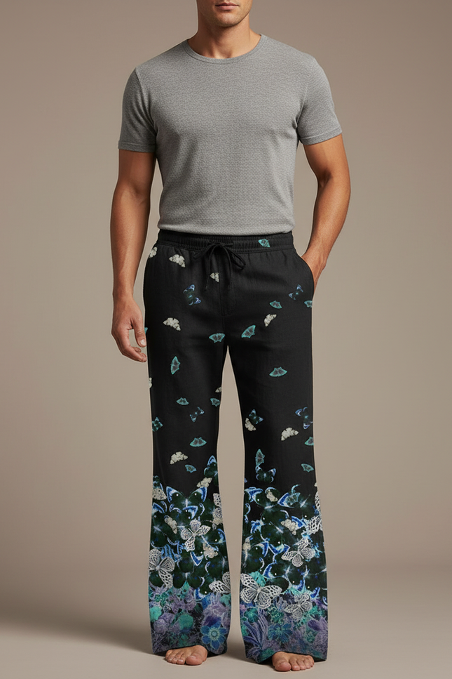 Pantalon Patte D'Éléphant Noir Papillons Floraux Ample Homme - Lin