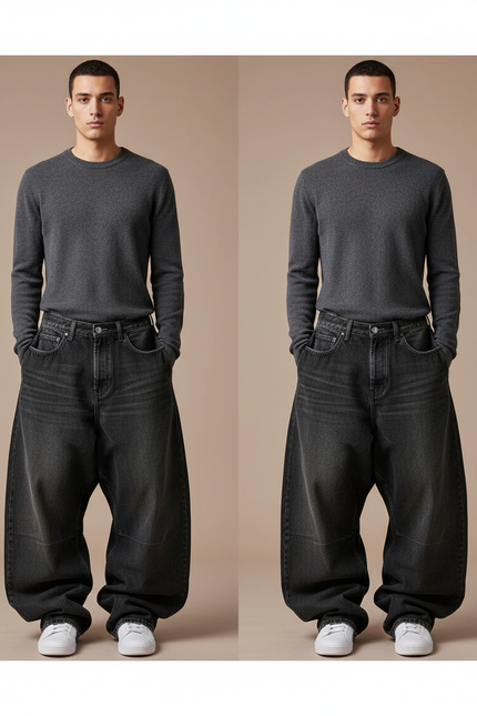 Pantalon Patte D'Éléphant Jean Gris Ample Vintage Homme