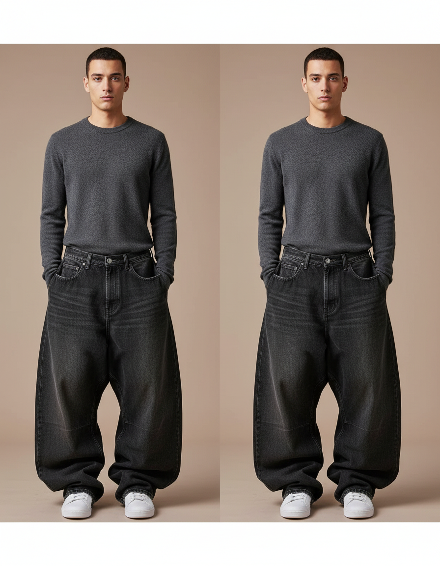 Pantalon Patte D'Éléphant Jean Gris Ample Vintage Homme