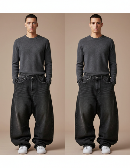 Pantalon Patte D'Éléphant Jean Gris Ample Vintage Homme