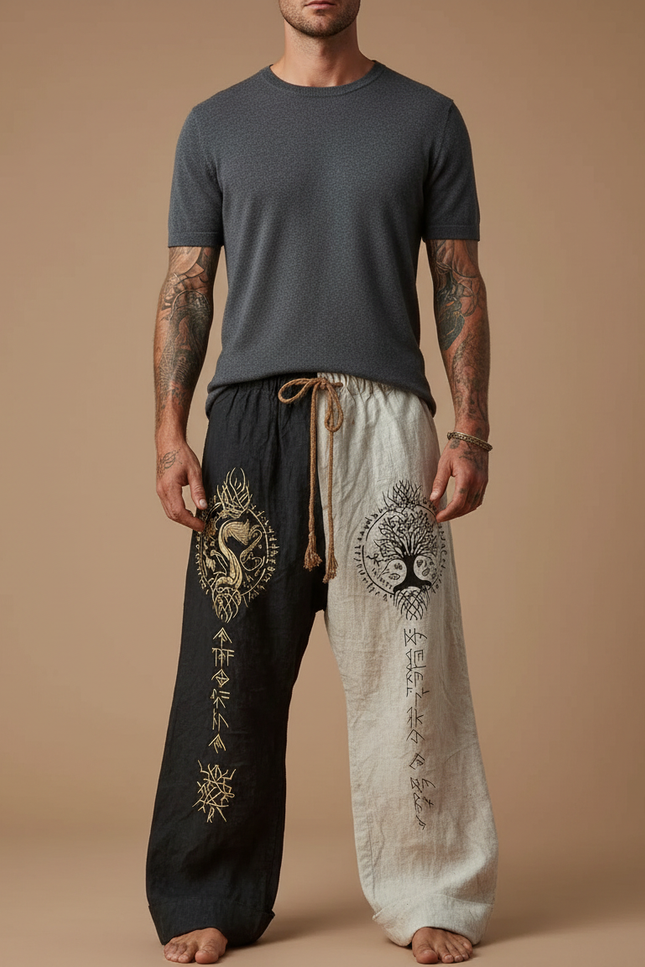 Pantalon Patte D'Éléphant Bicolore Ethnique Ample Cordon Lin - Multicolore