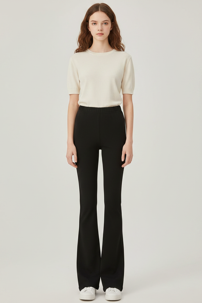 Pantalon Patte D'Éléphant Noir Évasé Taille Haute Classique - Polyester
