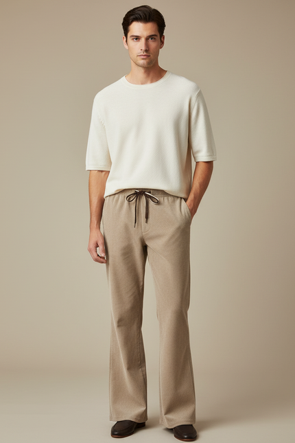 Pantalon Patte D'Éléphant Beige Côtelé Ample Décontracté Homme - Cordé