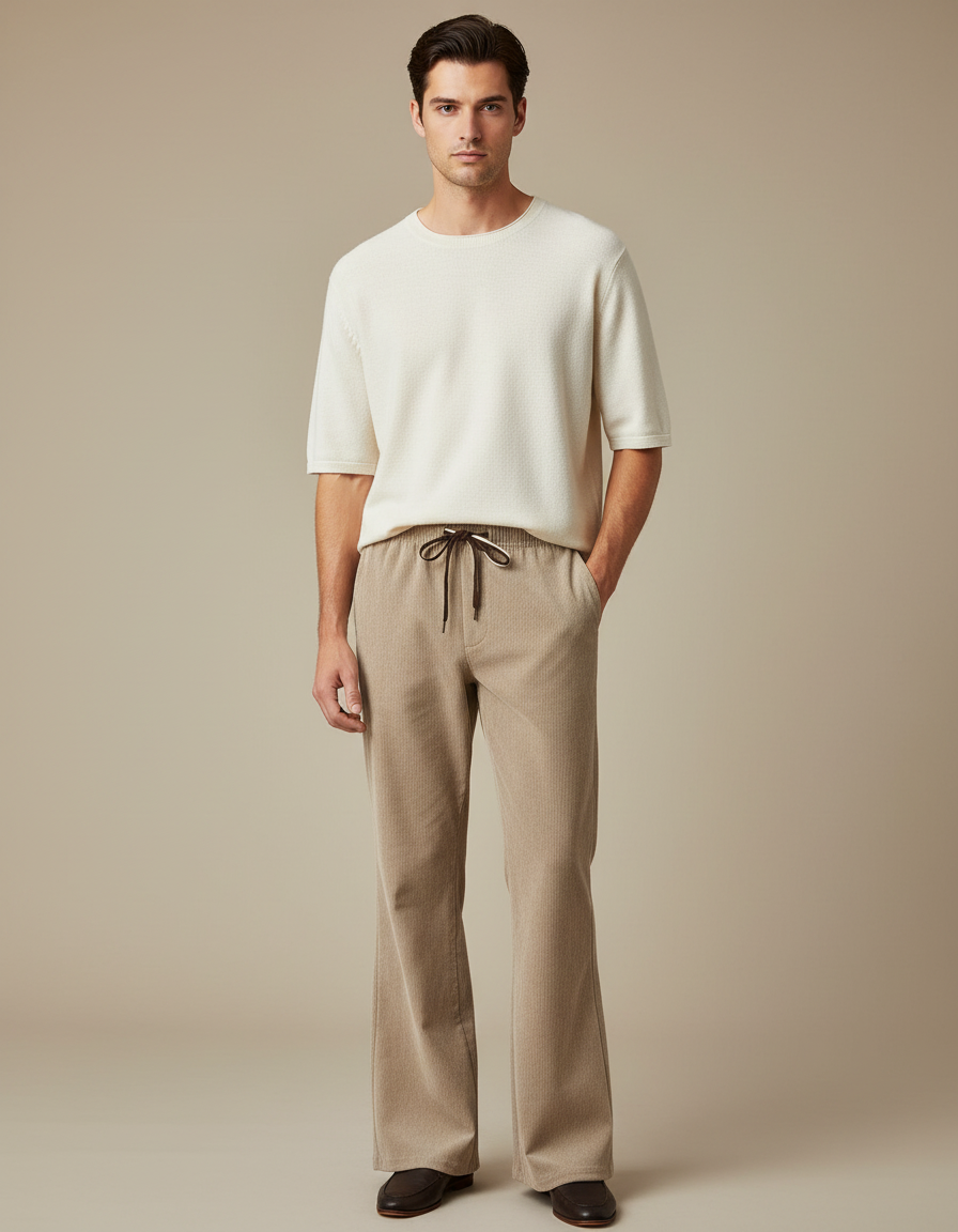 Pantalon Patte D'Éléphant Beige Côtelé Ample Décontracté Homme - Cordé