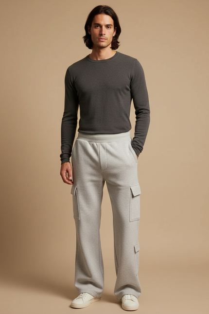 Pantalon Patte D'Éléphant Gris Cargo Décontracté Ample Homme - Molleton
