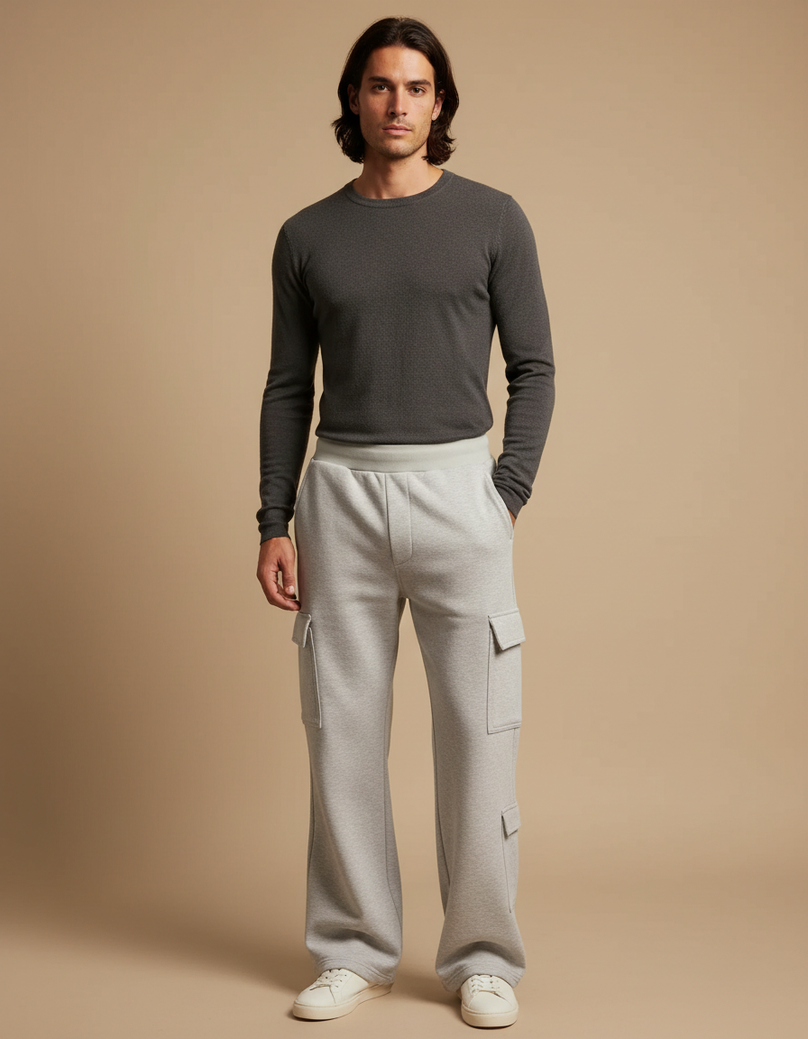 Pantalon Patte D'Éléphant Gris Cargo Décontracté Ample Homme - Molleton